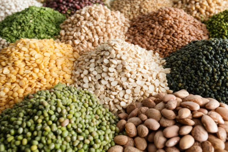 Close-up of assorted dried legumes and lentils arranged in mounds showcasing their colors and textures