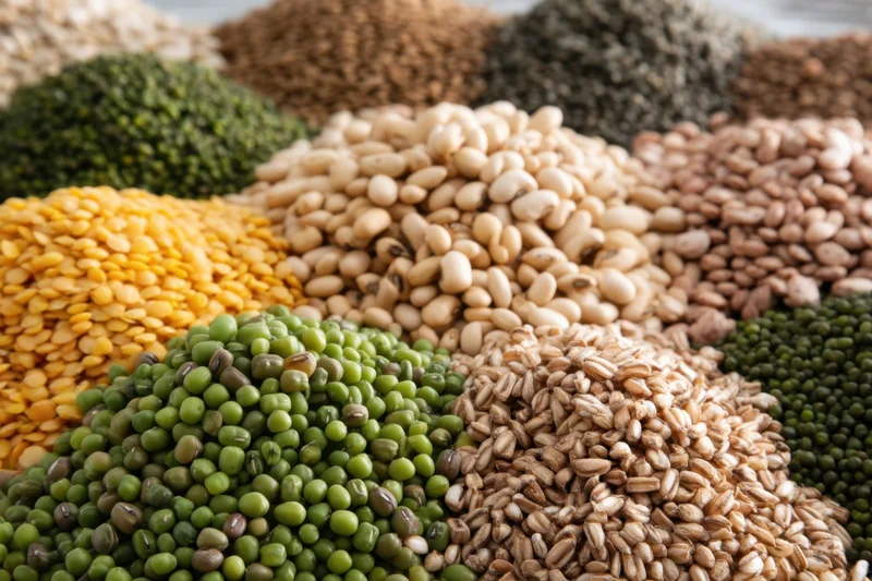 Close-up of colorful piles of dried legumes and lentils arranged in a still life display