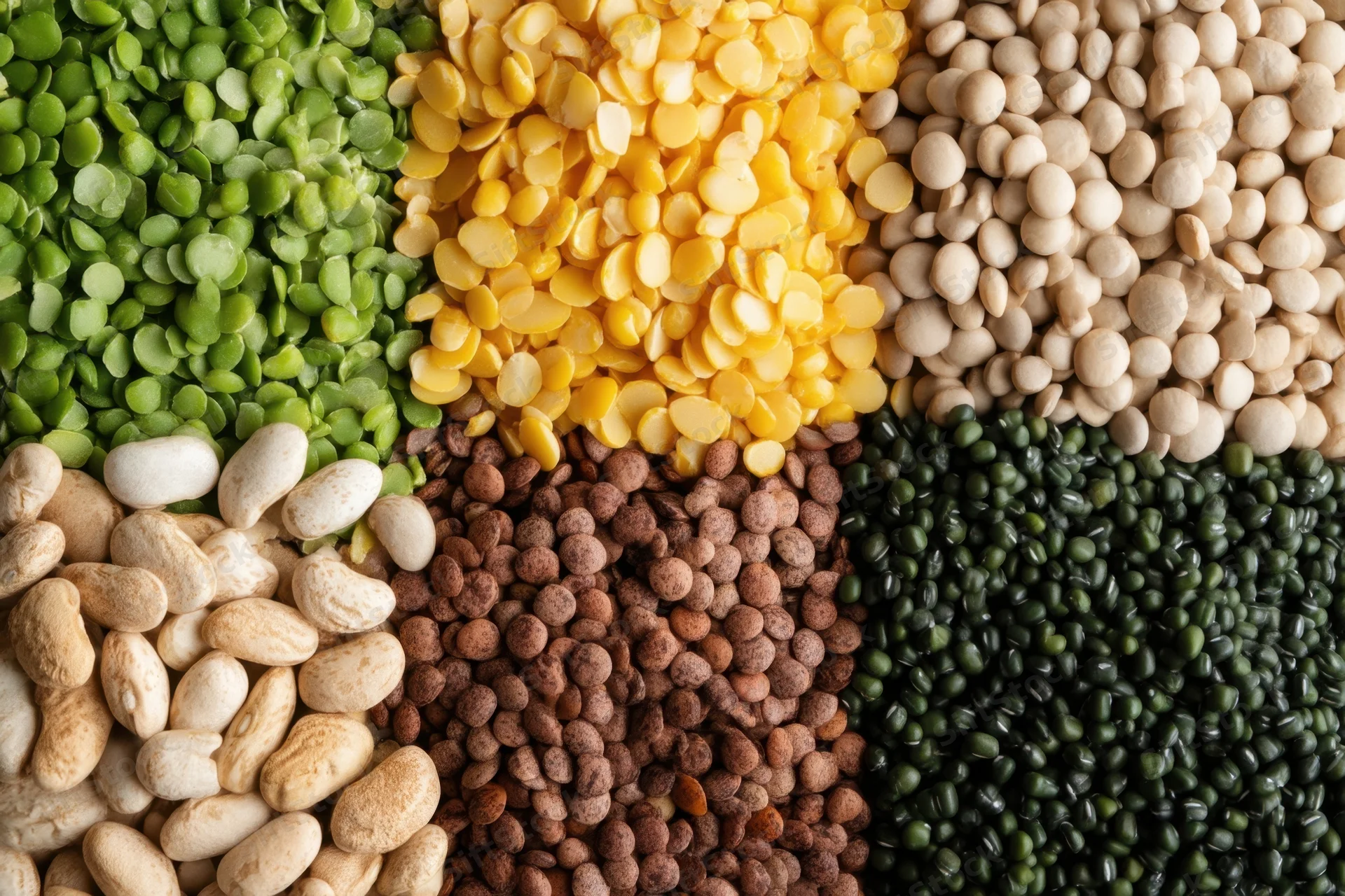 Close-up of assorted dried legumes and lentils arranged in a flat lay pattern