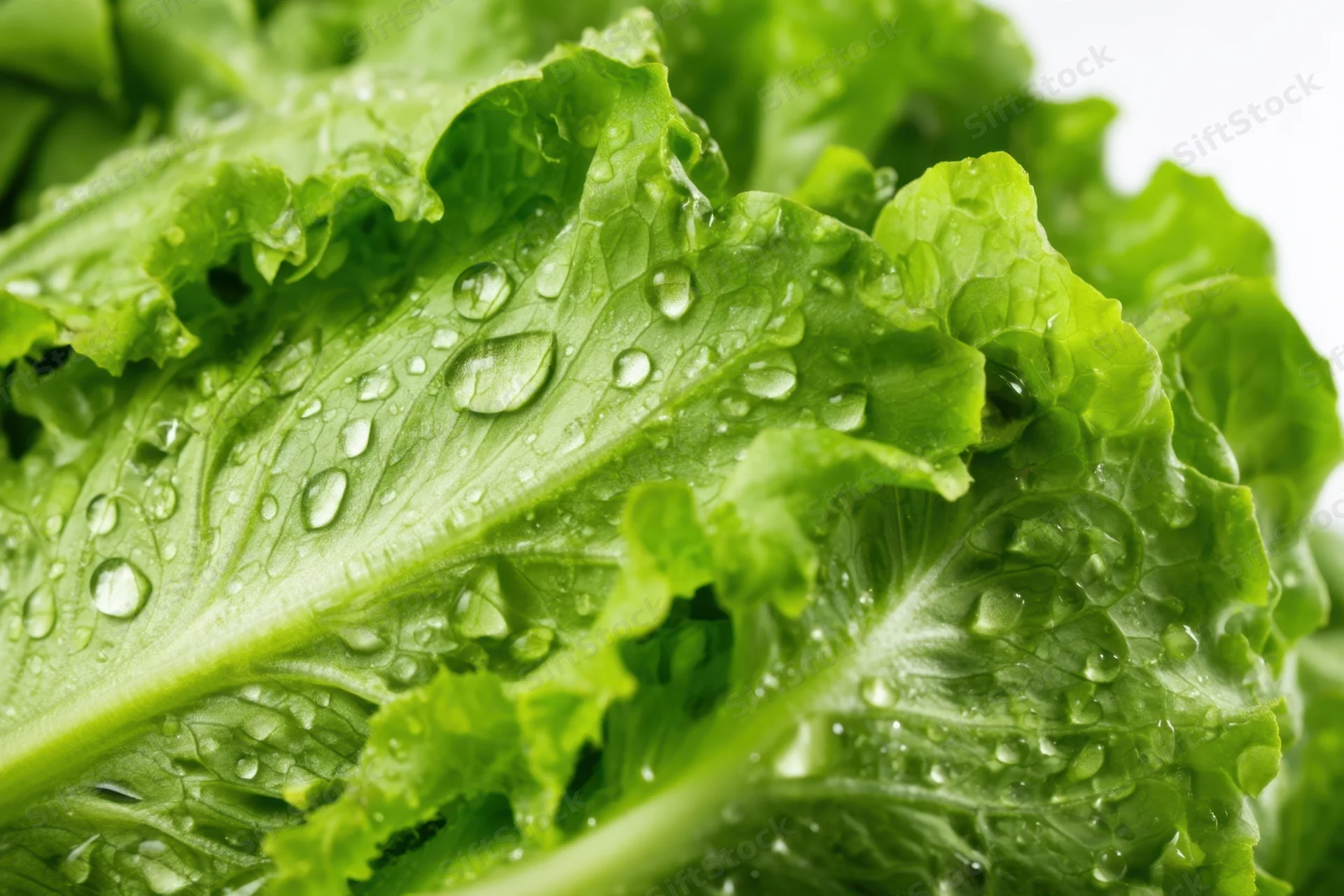 Close-up of fresh green lettuce leaves with water droplets on white background