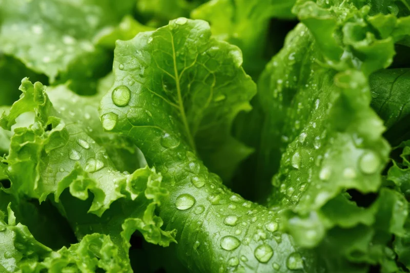 Close-up of fresh green lettuce leaves with water droplets
