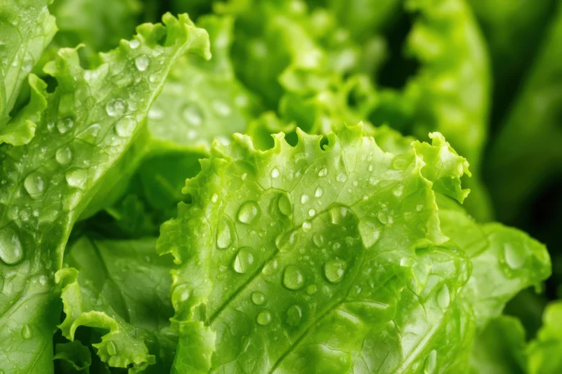Close-up of fresh green lettuce leaves with water droplets