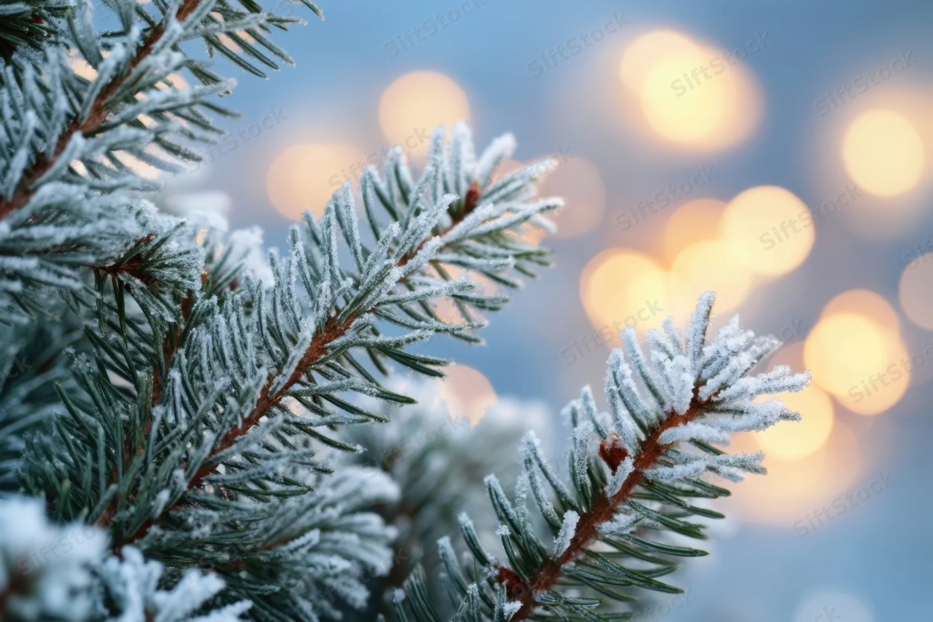 Frost-covered pine branches in close-up with warm bokeh lights in the background