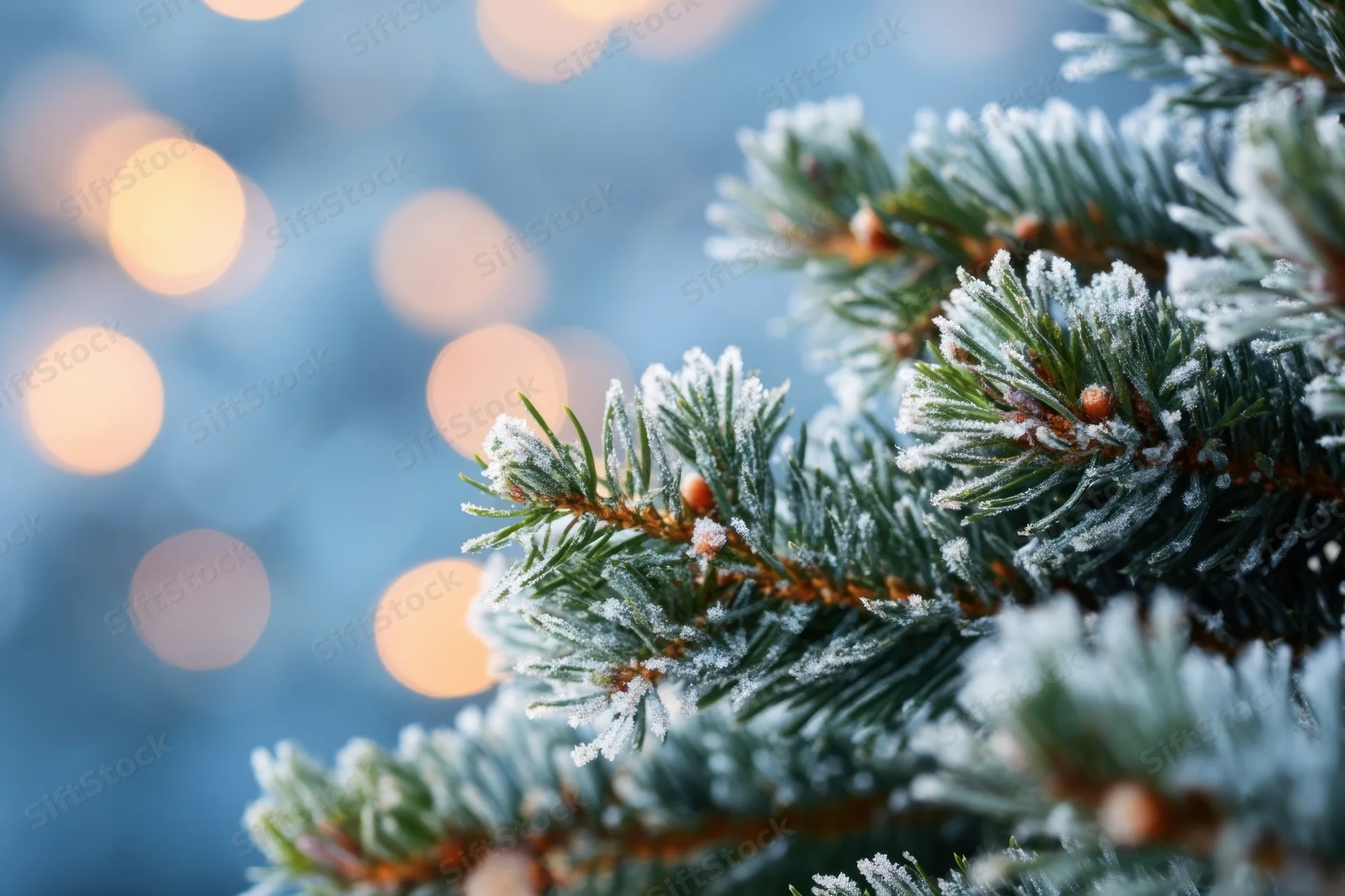 Frost-covered pine branches with warm bokeh lights in the background