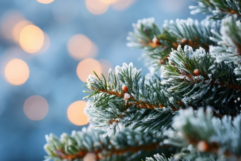Frost-covered pine branches with warm bokeh lights in the background
