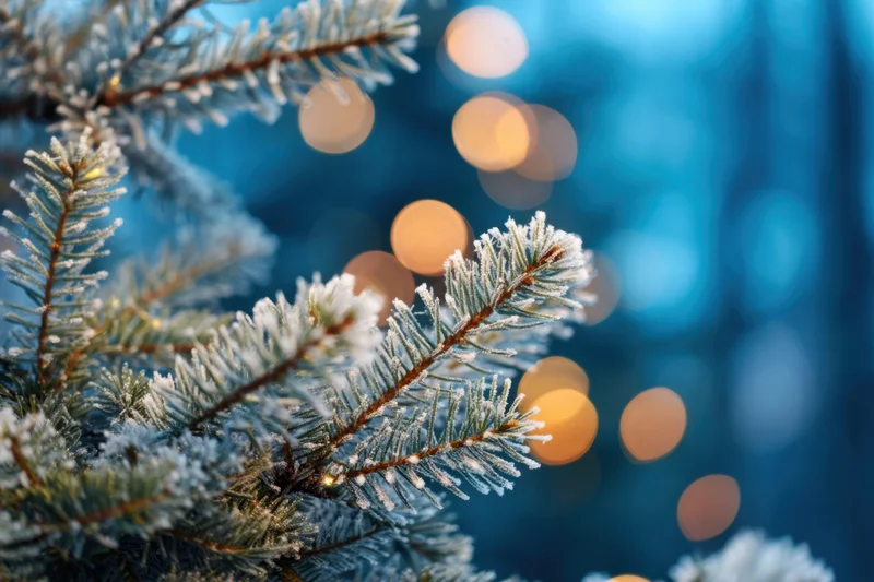 Frost-covered pine branches with warm bokeh lights in a winter forest setting