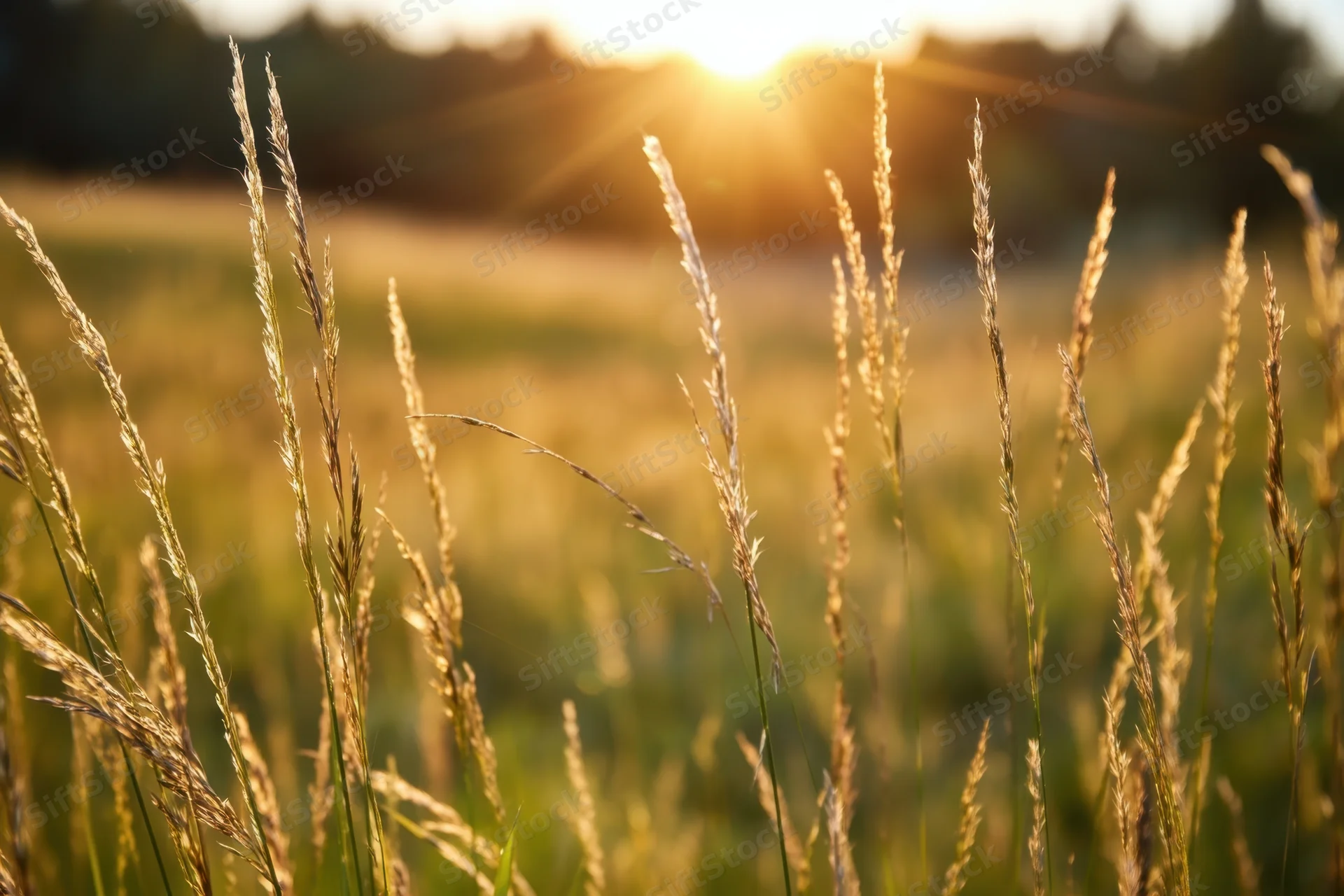 Slender grass blades in a sunlit field at golden hour