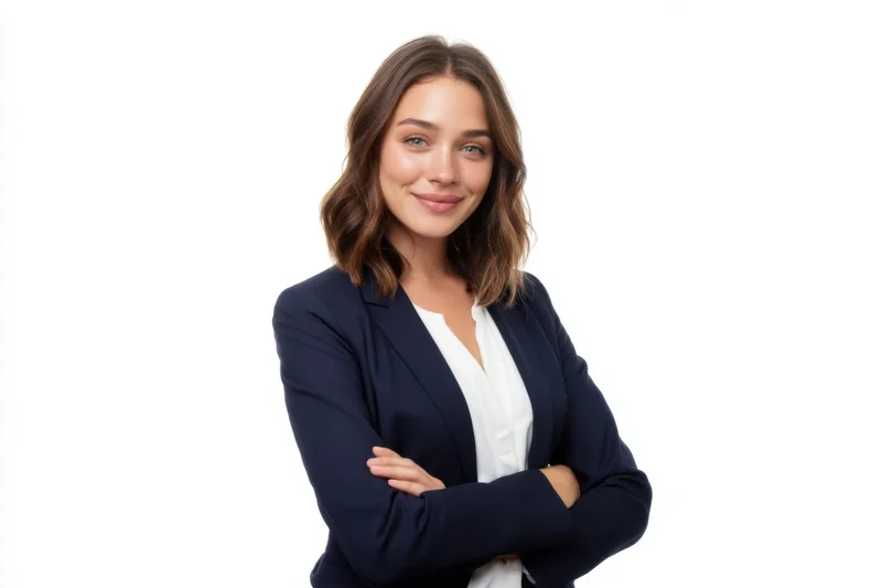Confident businesswoman with arms crossed smiling in a navy blazer and white shirt against white background