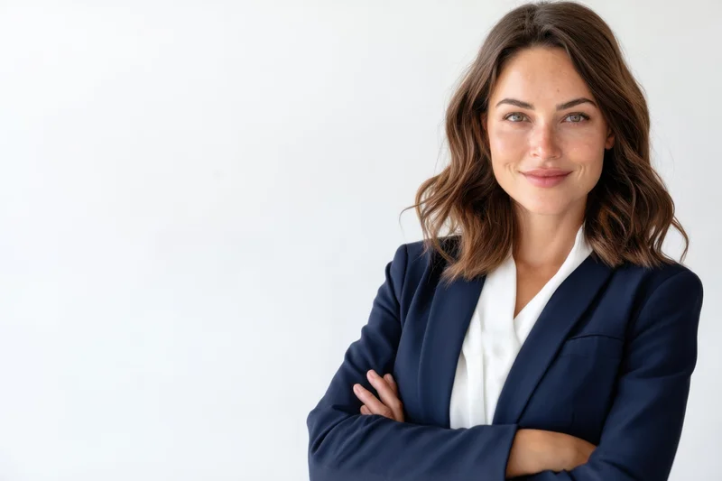 Confident woman in navy blazer with arms crossed smiling at camera against white background