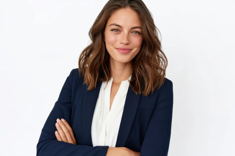 Confident businesswoman with arms crossed smiling in studio portrait