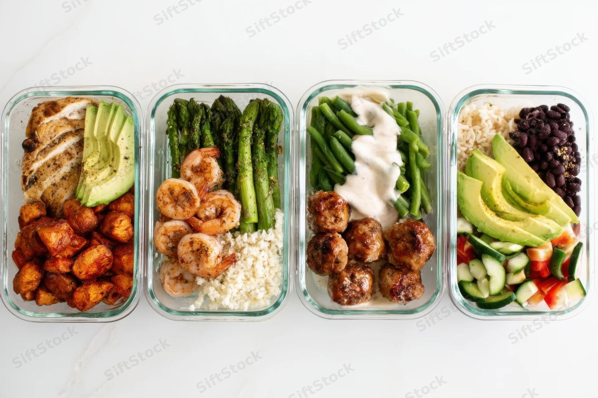 Four glass meal prep containers with balanced meals arranged in a row on a white marble surface