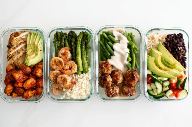 Four glass meal prep containers with balanced meals arranged in a row on a white marble surface