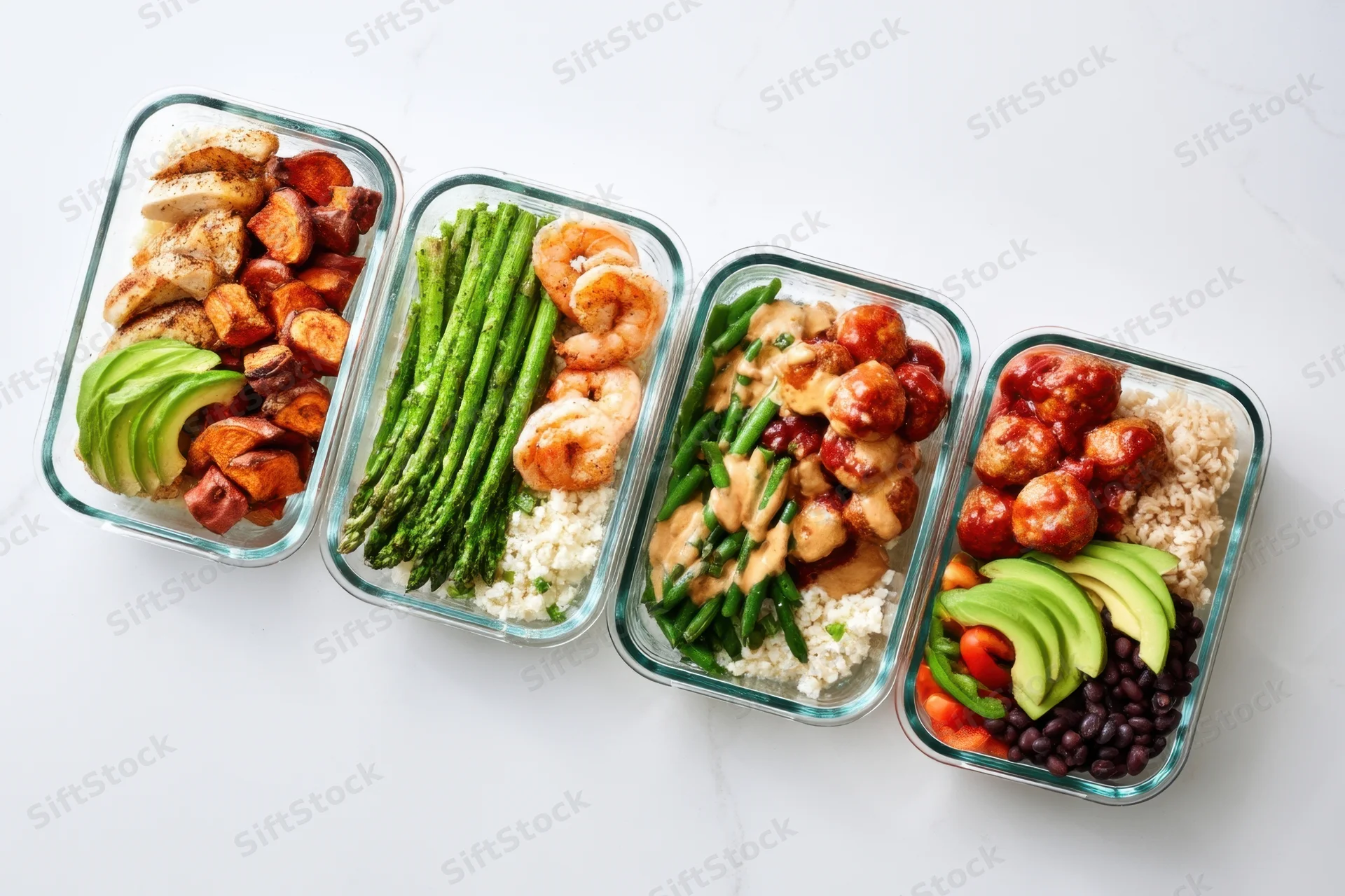 Four glass meal prep containers with varied healthy meals arranged in a row on a white countertop
