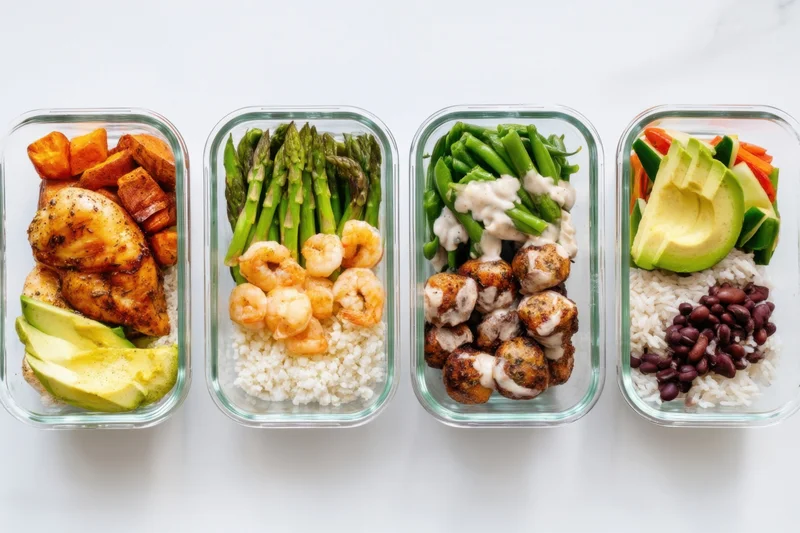 Four glass meal prep containers with varied healthy meals arranged in a row on a white surface