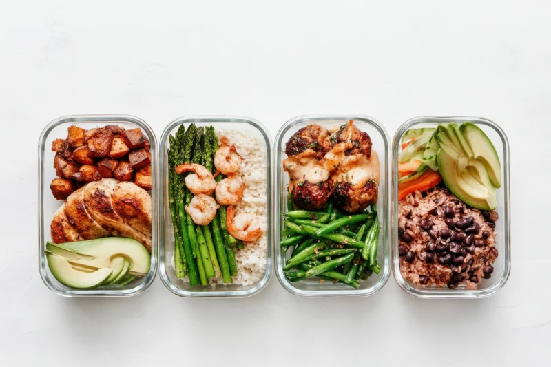 Four glass meal prep containers with balanced meals arranged in a row on a white surface