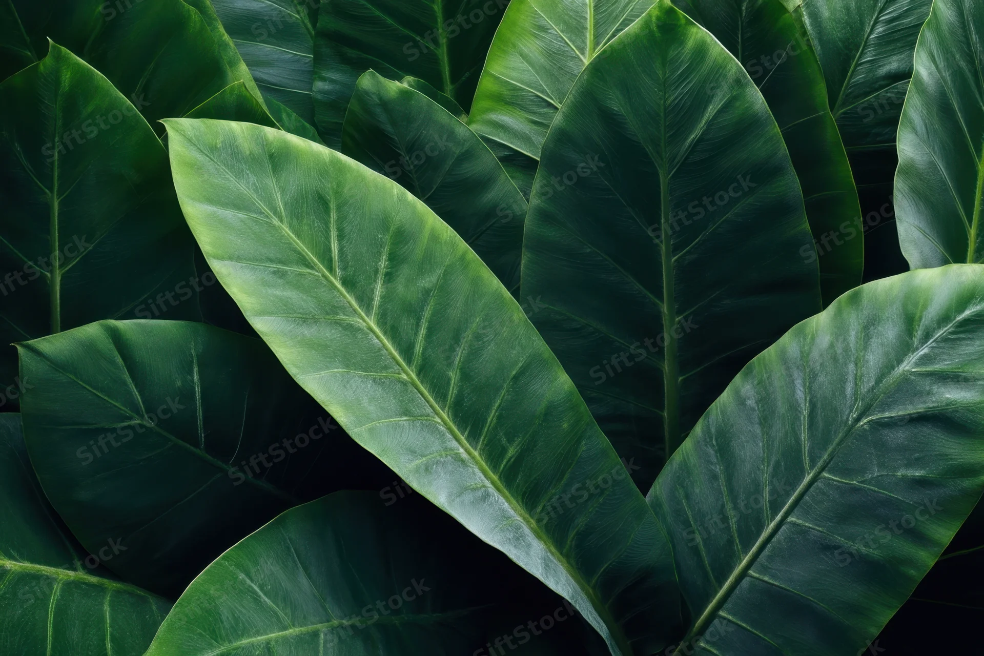 Closeup of large tropical leaves densely clustered in a lush green arrangement