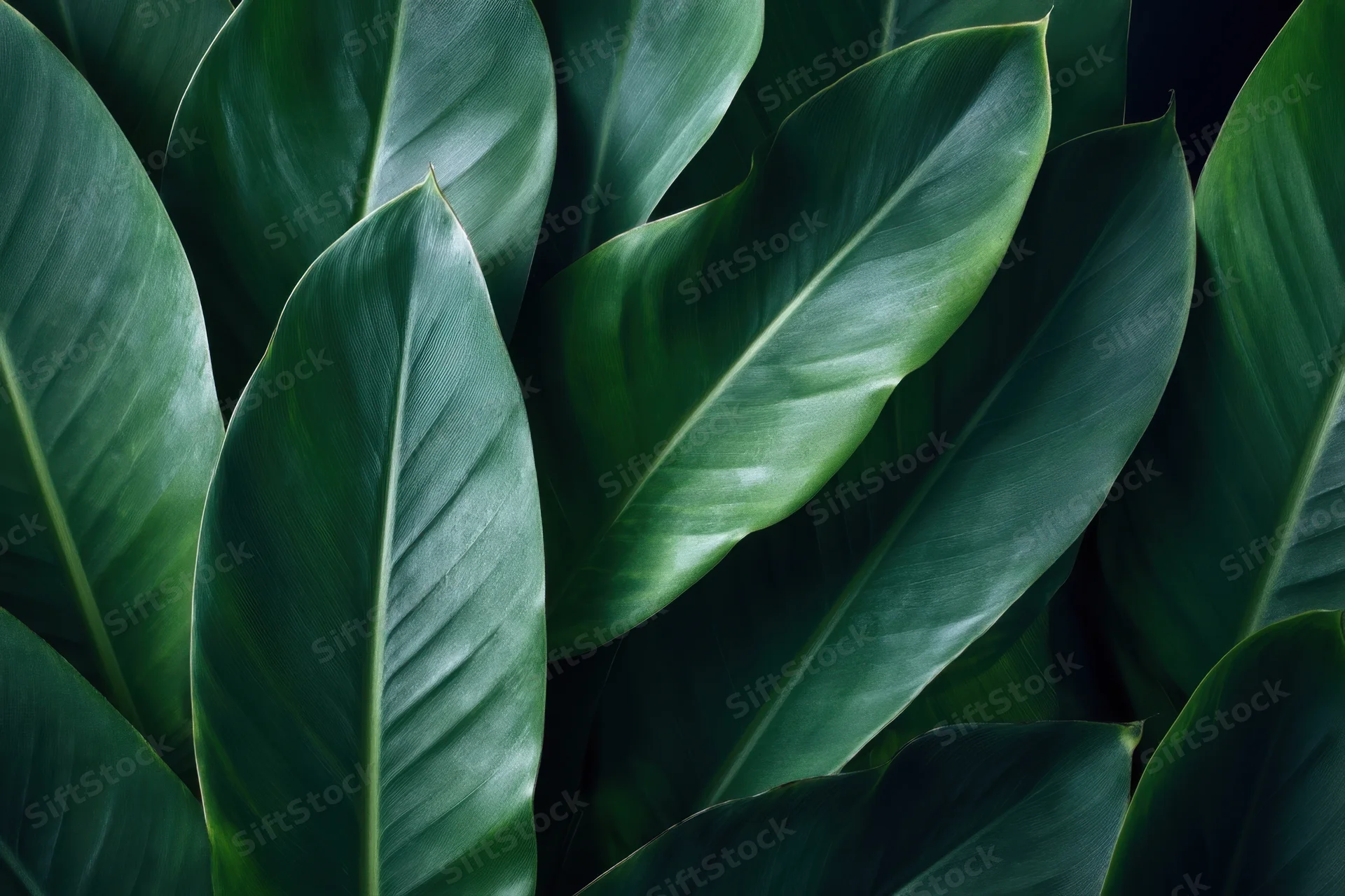 Closeup of large tropical leaves in dense cluster with glossy texture and dark green color