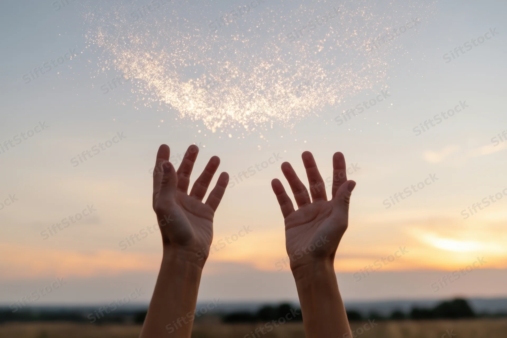 Hands raised toward glowing particles in the sky at sunset