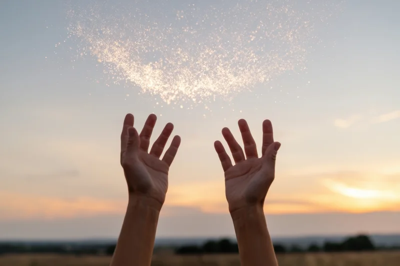 Hands raised toward glowing particles in the sky at sunset