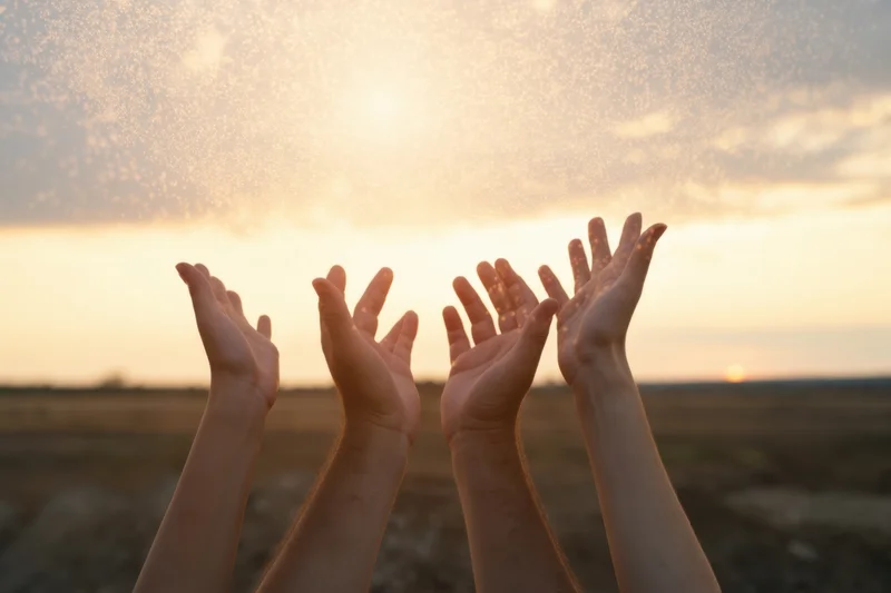 Four hands reaching upward toward a glowing sunset sky with water spray over a field