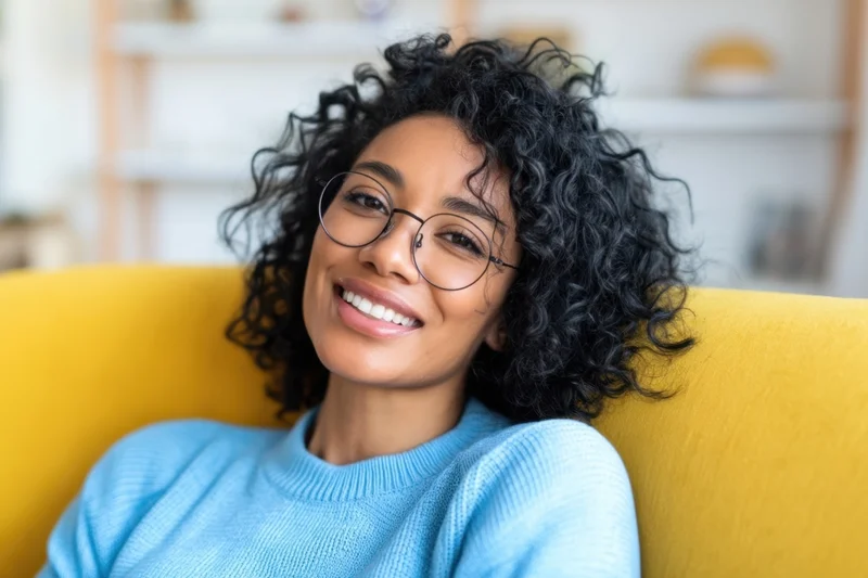 Smiling woman with curly black hair and round glasses leaning on a yellow couch in a bright living room