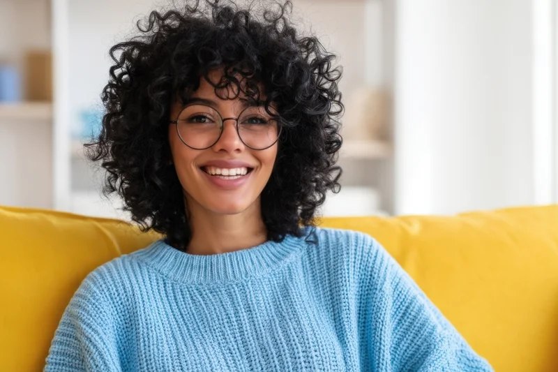 Smiling woman with curly black hair and round glasses wearing a blue knit sweater on a yellow couch