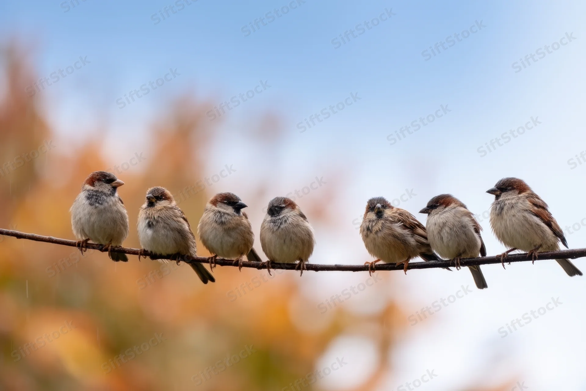 Seven sparrows perched in a row on a thin branch under light rain with autumn foliage blurred in the background