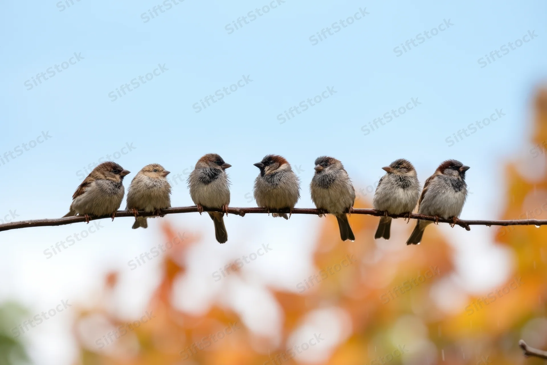 Seven sparrows perched in a row on a branch against a soft autumn sky with blurred foliage below