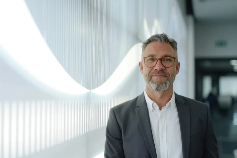 Confident executive in suit and glasses standing in modern office interior