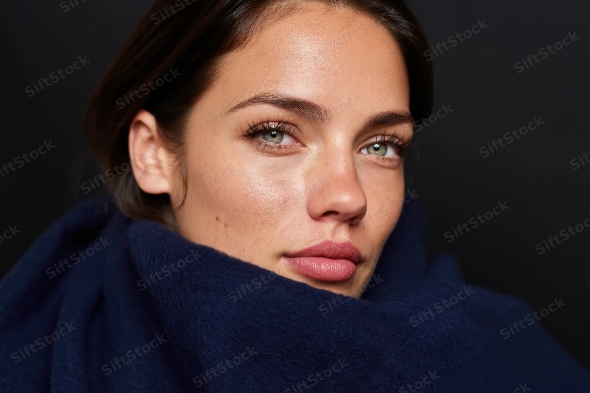 Woman with green eyes and blue scarf wrapped around her neck in a studio portrait