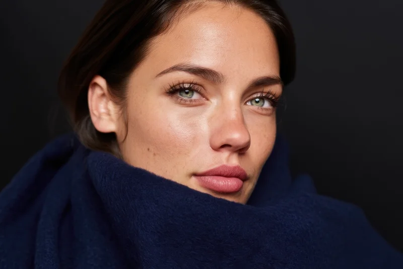 Woman with green eyes and blue scarf wrapped around her neck in a studio portrait