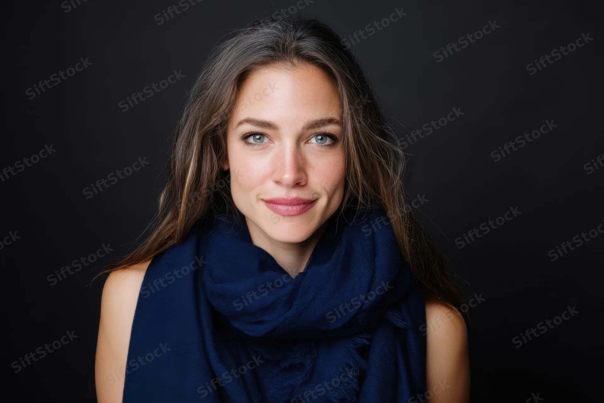 Woman smiling with blue scarf in studio portrait
