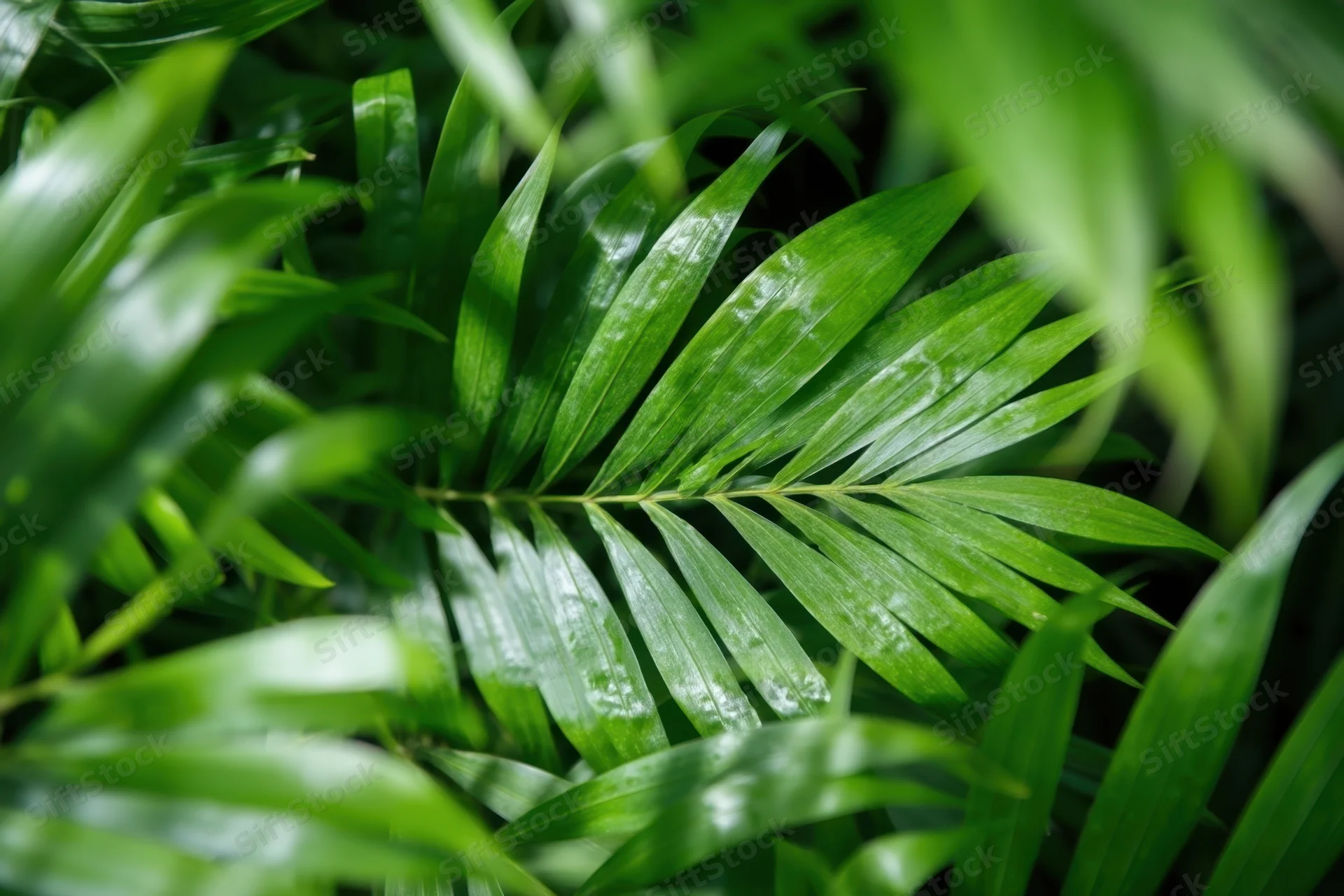 Closeup of a glossy green palm frond among dense tropical foliage
