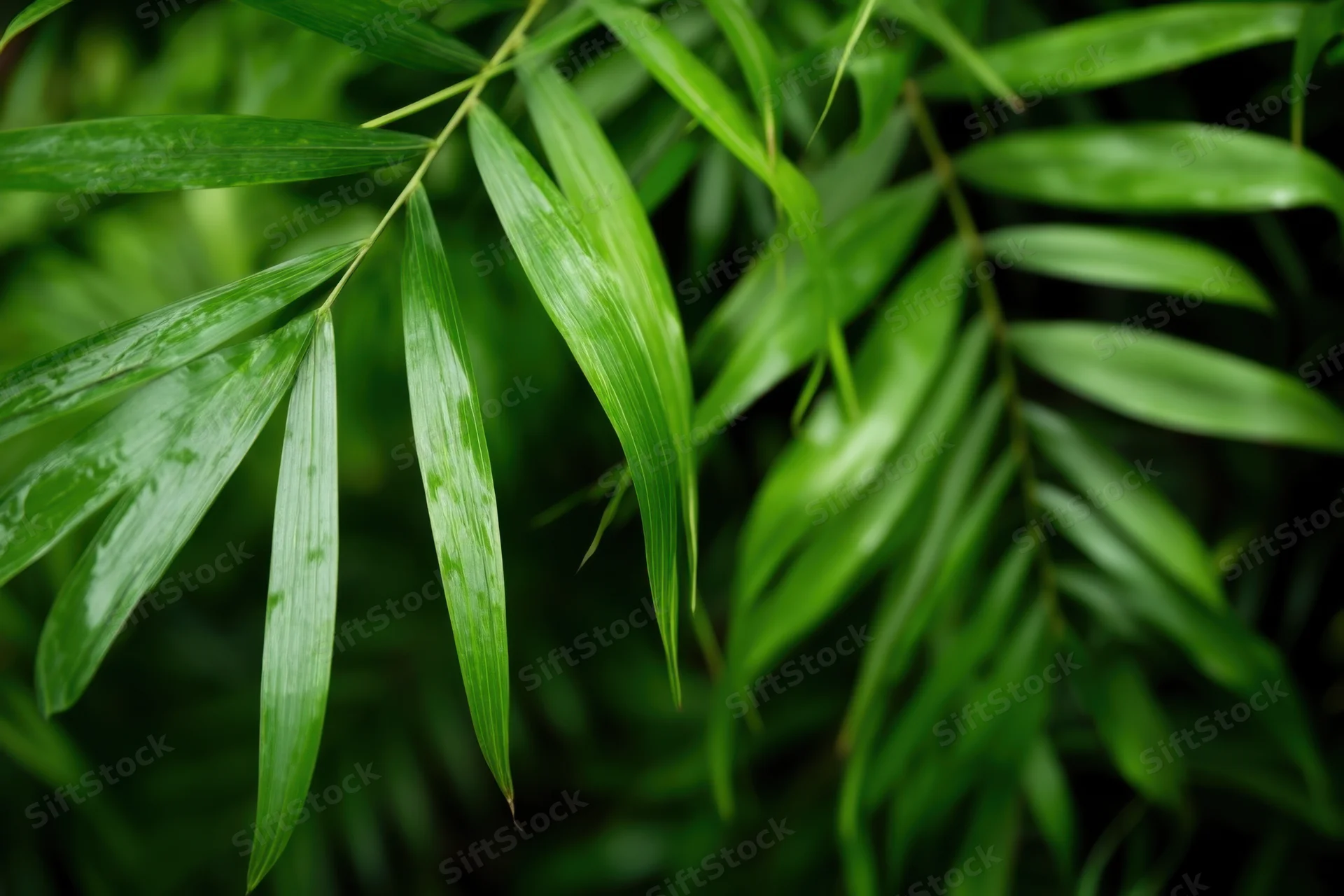 Closeup of wet bamboo leaves in a lush tropical garden