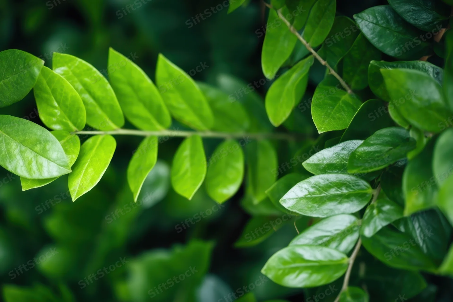 Closeup of glossy green leaves on a branch in a tropical garden setting