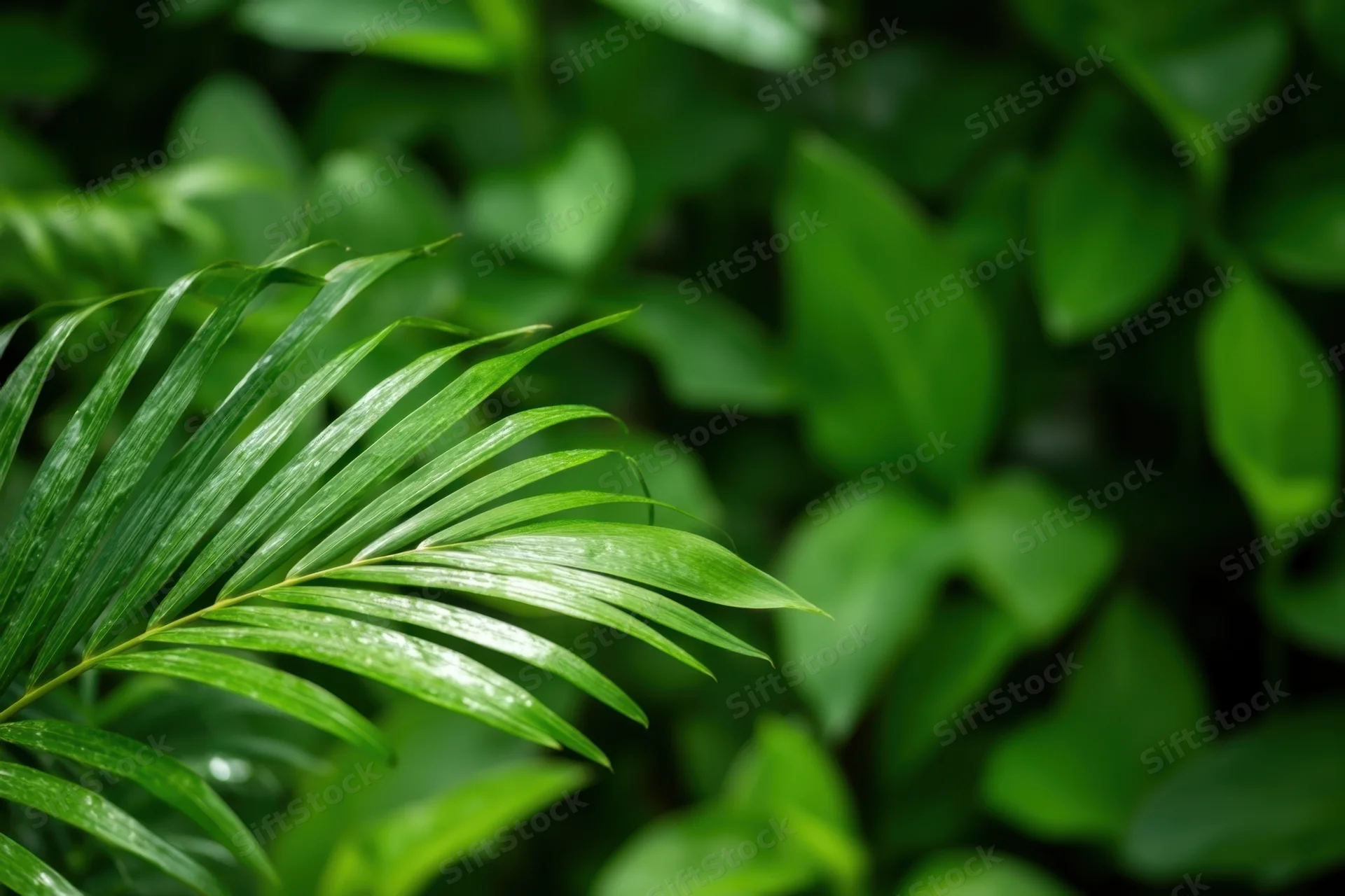 Closeup of a palm leaf with water droplets among dense green foliage in a tropical garden