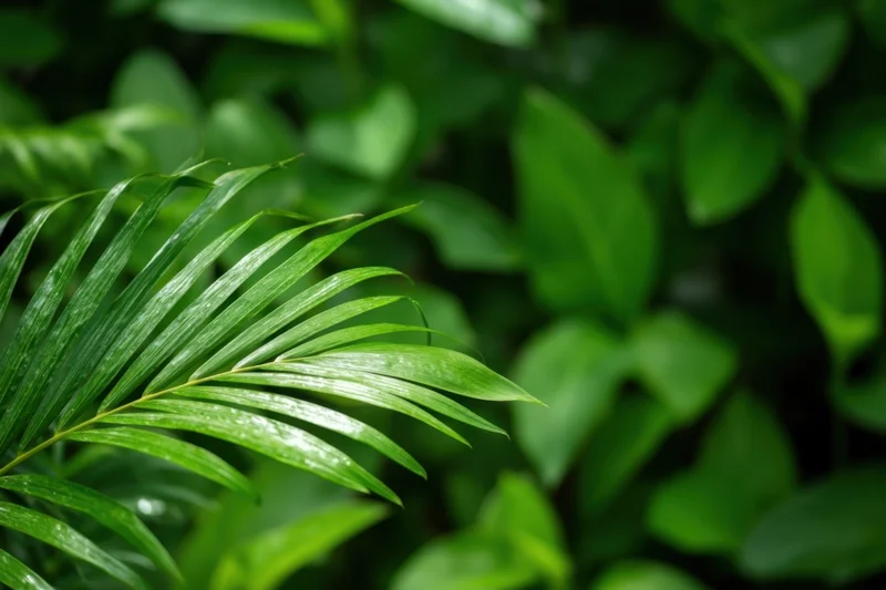 Closeup of a palm leaf with water droplets among dense green foliage in a tropical garden