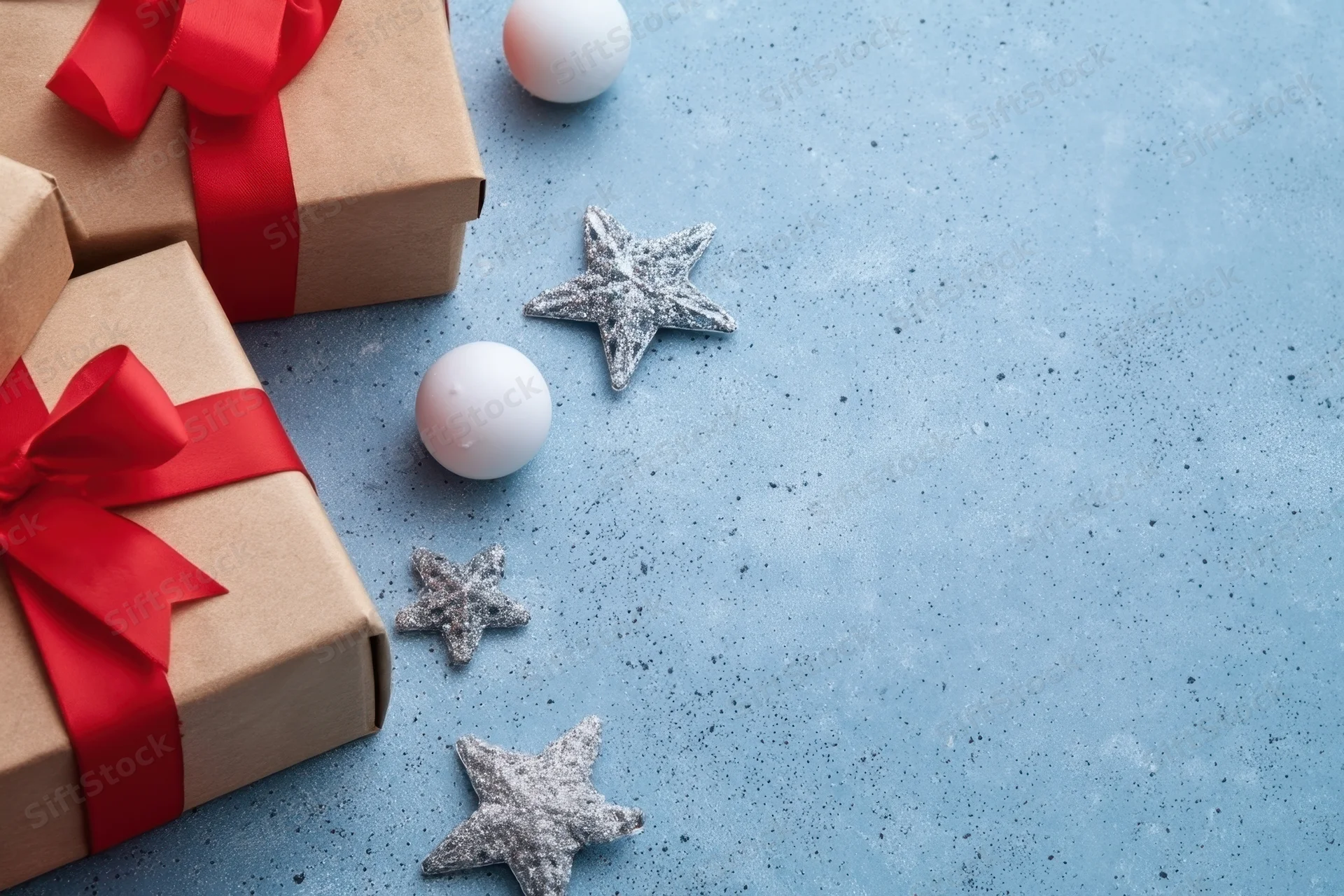 Wrapped gifts with red ribbons and silver stars on a blue speckled surface