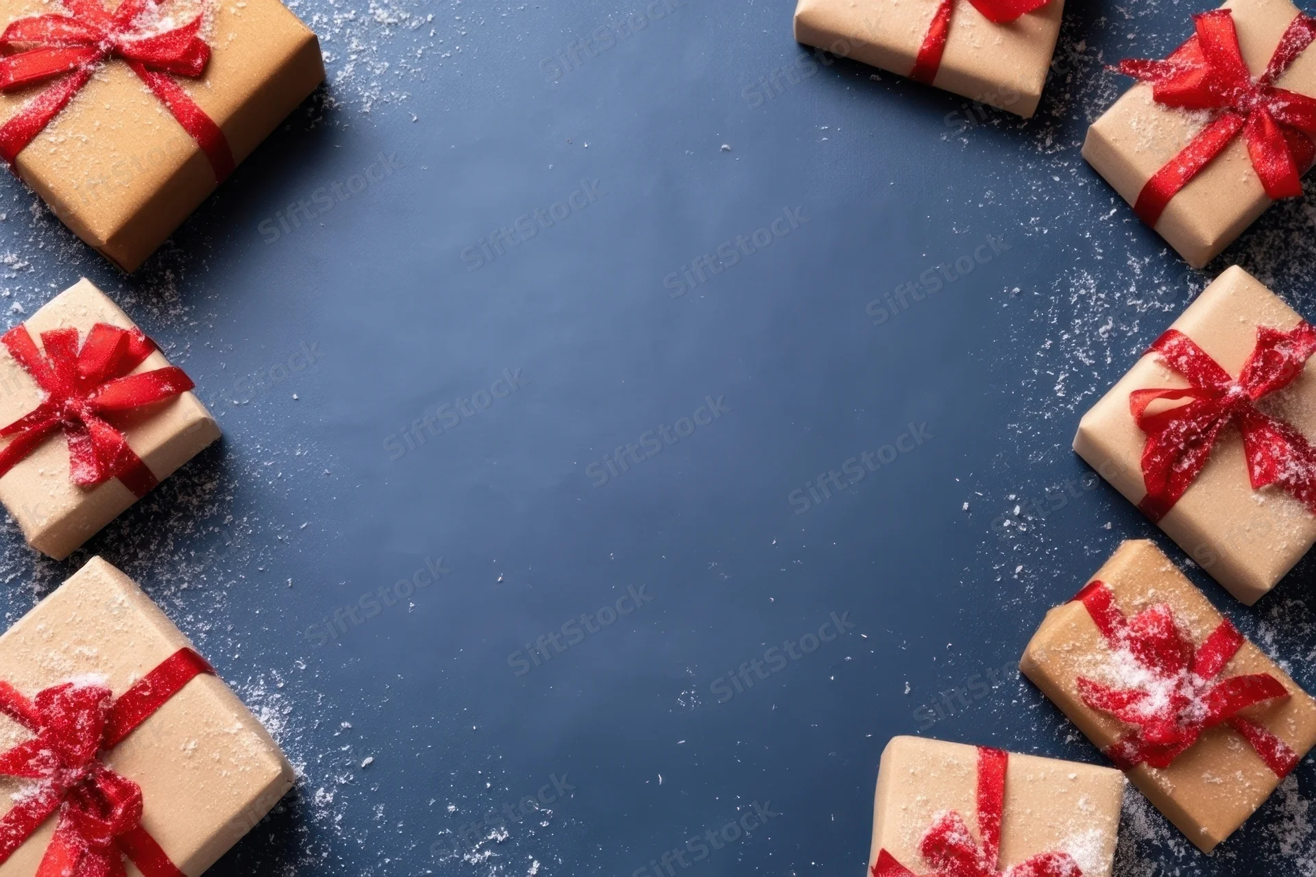 Gift boxes with red bows and snow arranged in a frame on blue surface