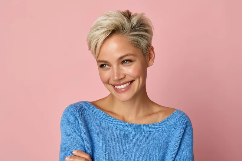 Smiling woman with short blonde hair wearing a blue knit sweater against a pink background