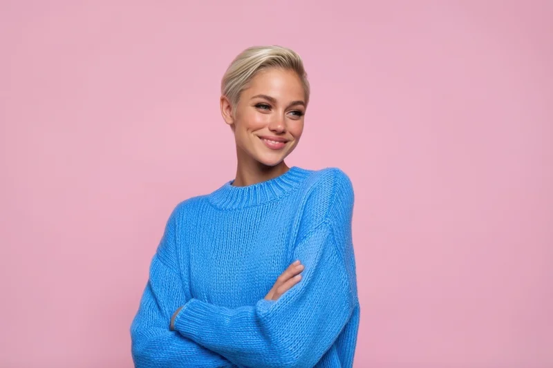 Woman in blue knit sweater smiling with arms crossed against pink background