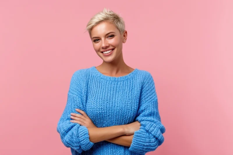 Woman smiling with arms crossed in blue knit sweater against pink background