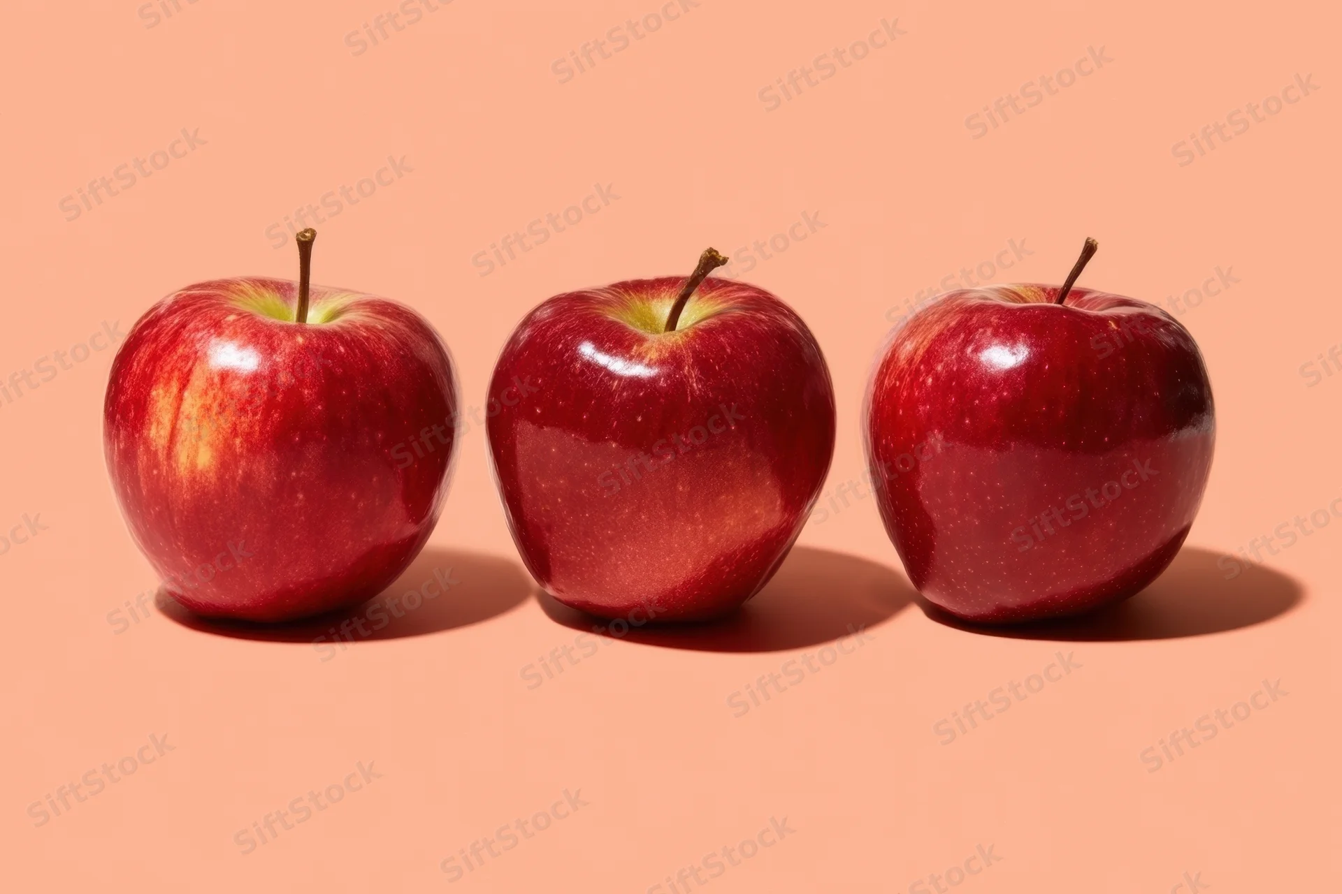 Three red apples in a row on a peach background