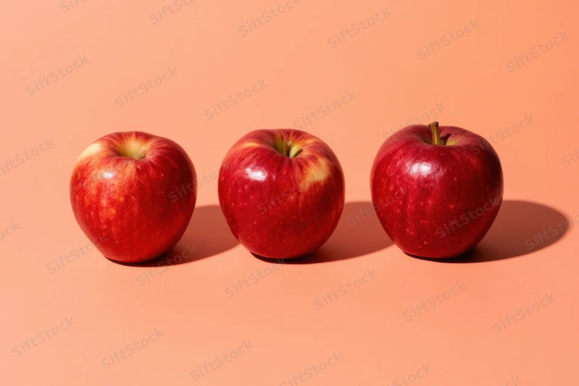 Three red apples arranged in a row on a peach-colored surface