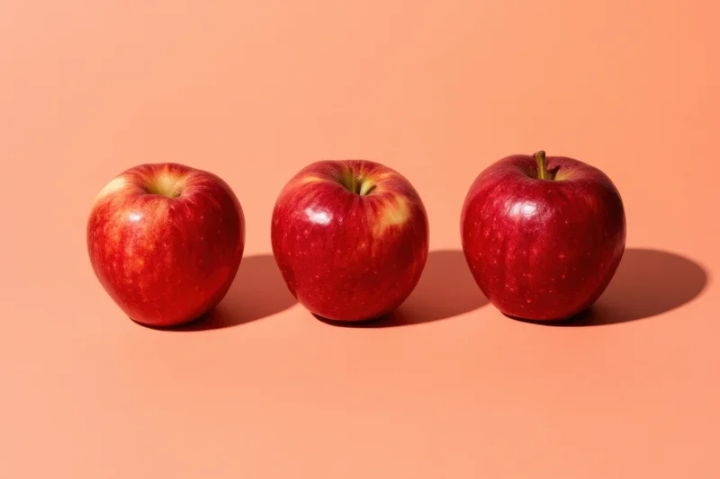 Three red apples arranged in a row on a peach-colored surface