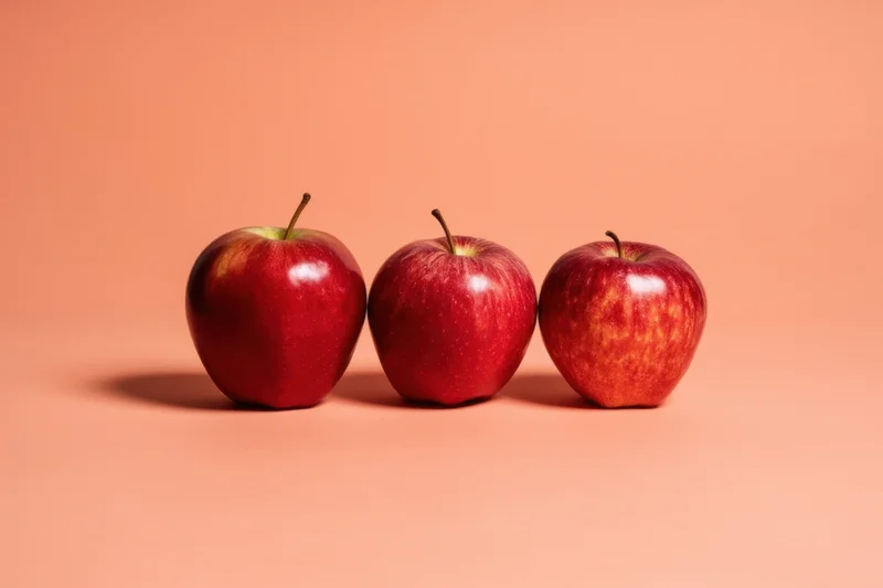 Three red apples arranged in a row on a peach-colored surface