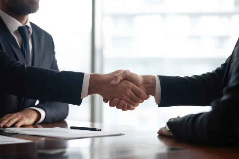 Two businessmen in dark suits shaking hands over a polished desk in an office meeting