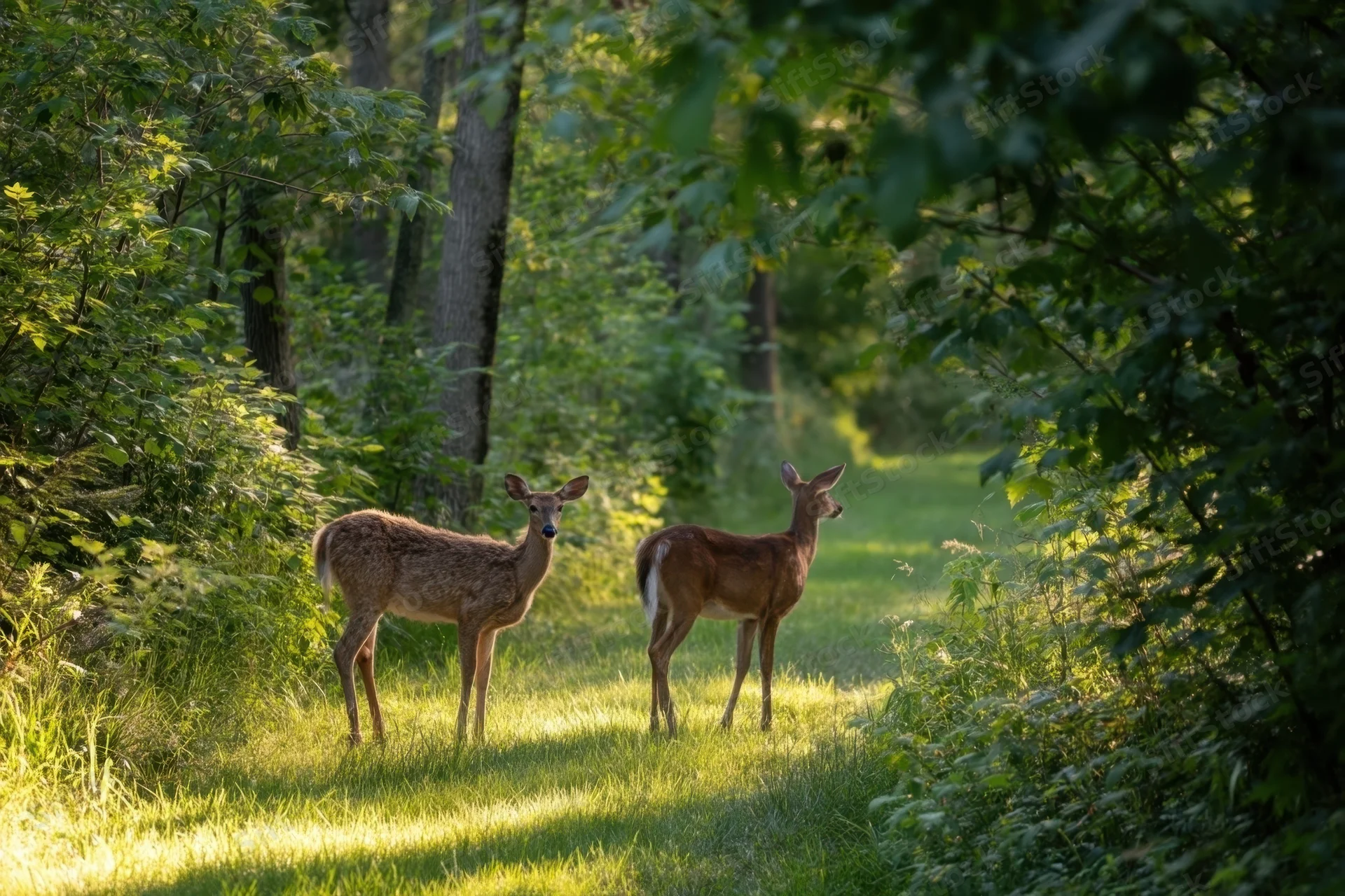 Two deer standing in a sunlit forest clearing along a grassy path