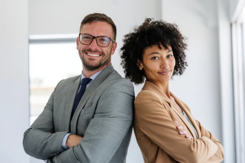 Two professionals standing back to back in a bright minimalist office with arms crossed, smiling at camera
