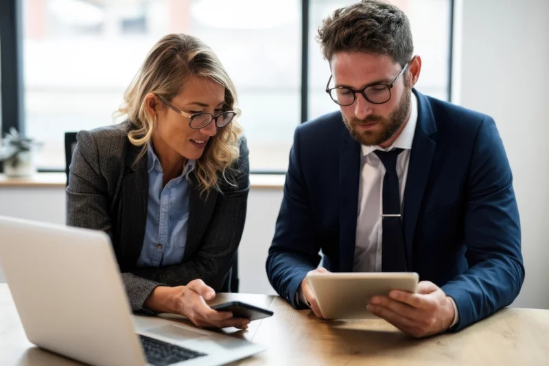 Two professionals in business attire discussing work at a desk in a modern office using digital devices